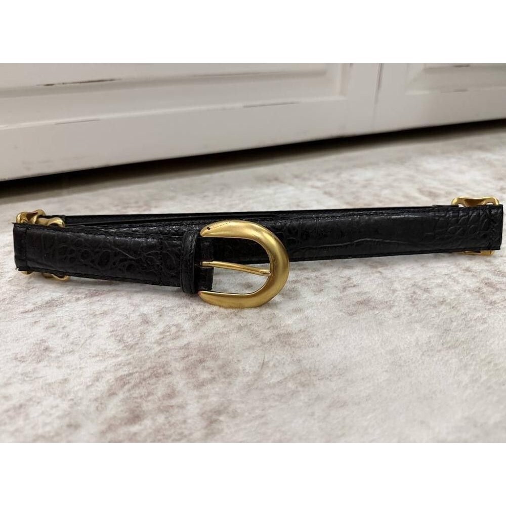 Vintage Italian Crocolux Black Leather Croc Embossed Belt Matte Gold Hardware L